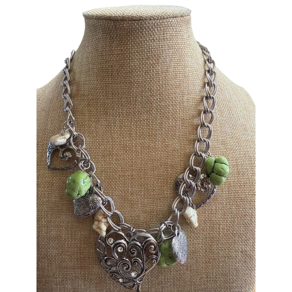 Silver Tone Chunky Heart Charm Necklace Faux Turquoise Rhinestones Boho